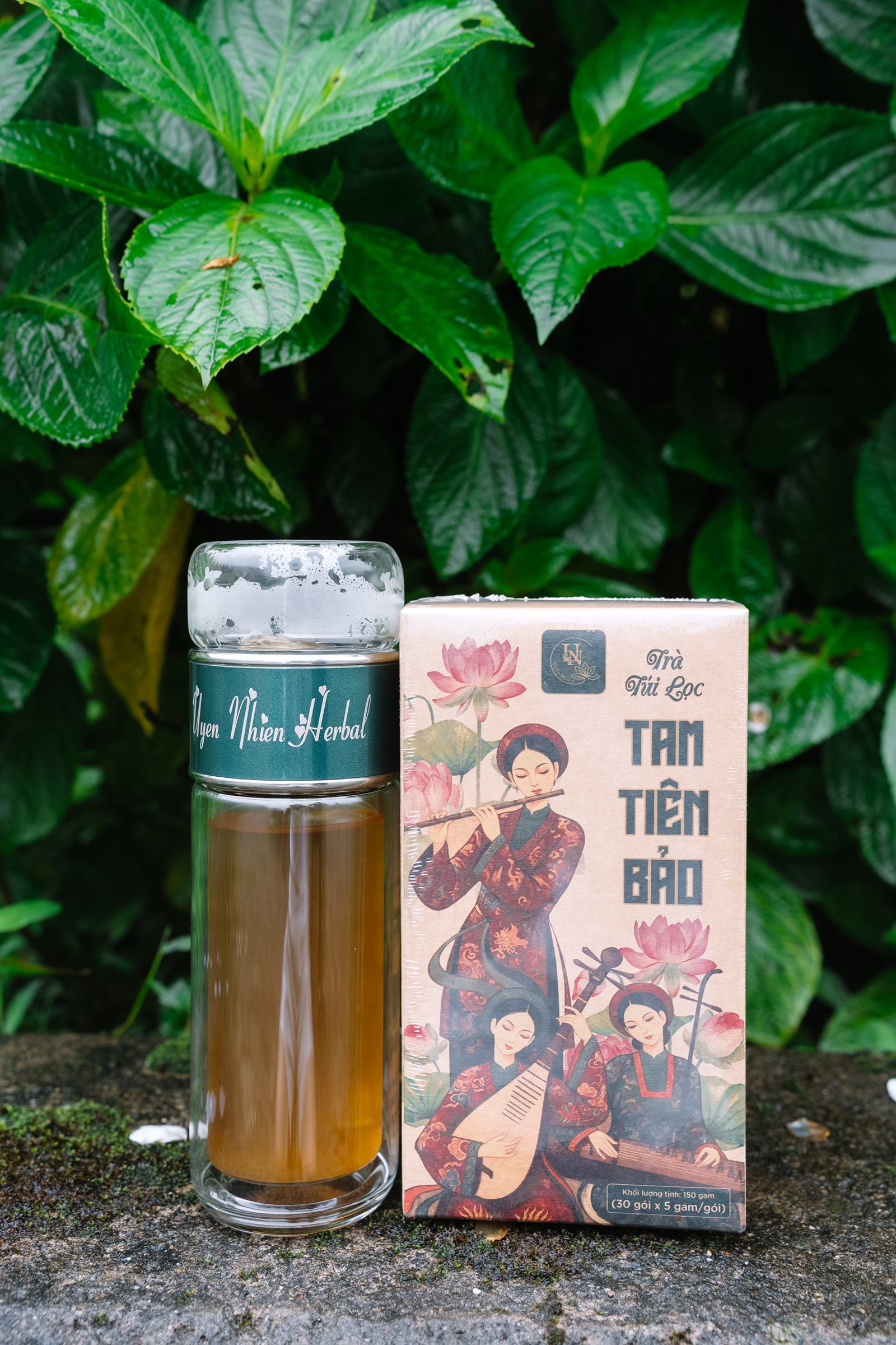 Chai trà Uyên Nhiên Herbal và hộp Tam Tiên Bảo giữa lá xanh
